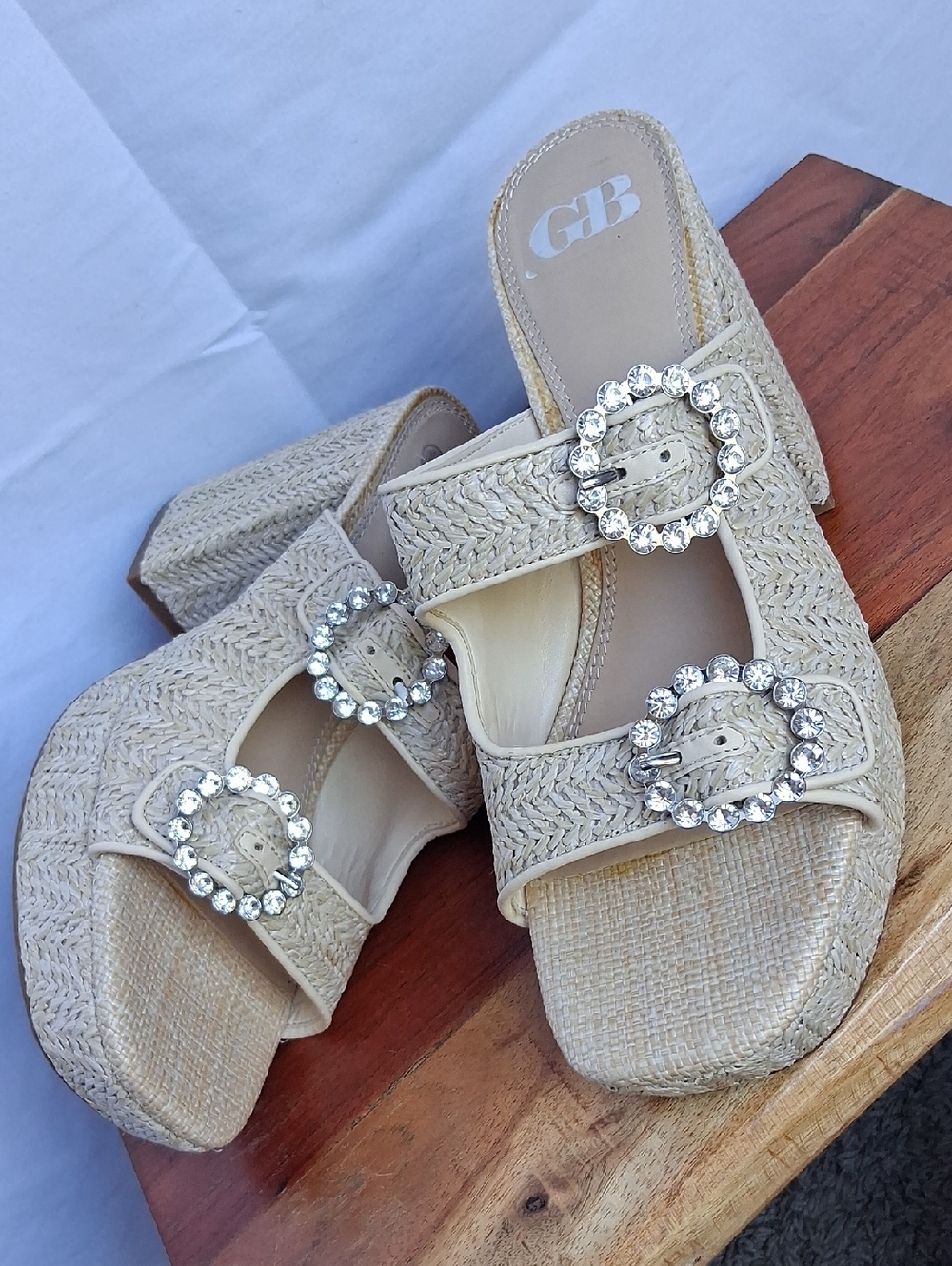 Gianni Binni Dejavu Raffia Rhingestone Buckle Platform 9 Tan - Picture 2 of 15
